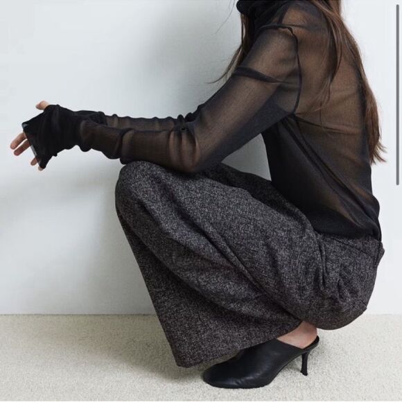 NWT ELEGANT WIDE-LEG PANTS Black melange Size 2 - Picture 3 of 15